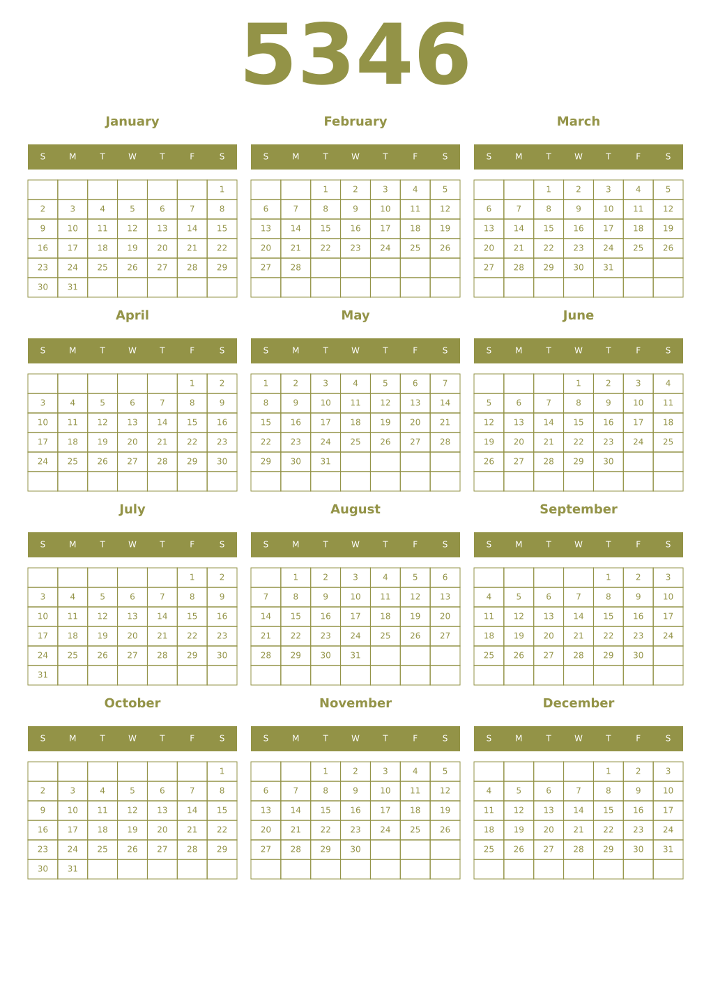 Printable 5346 Year Calendars eburnean