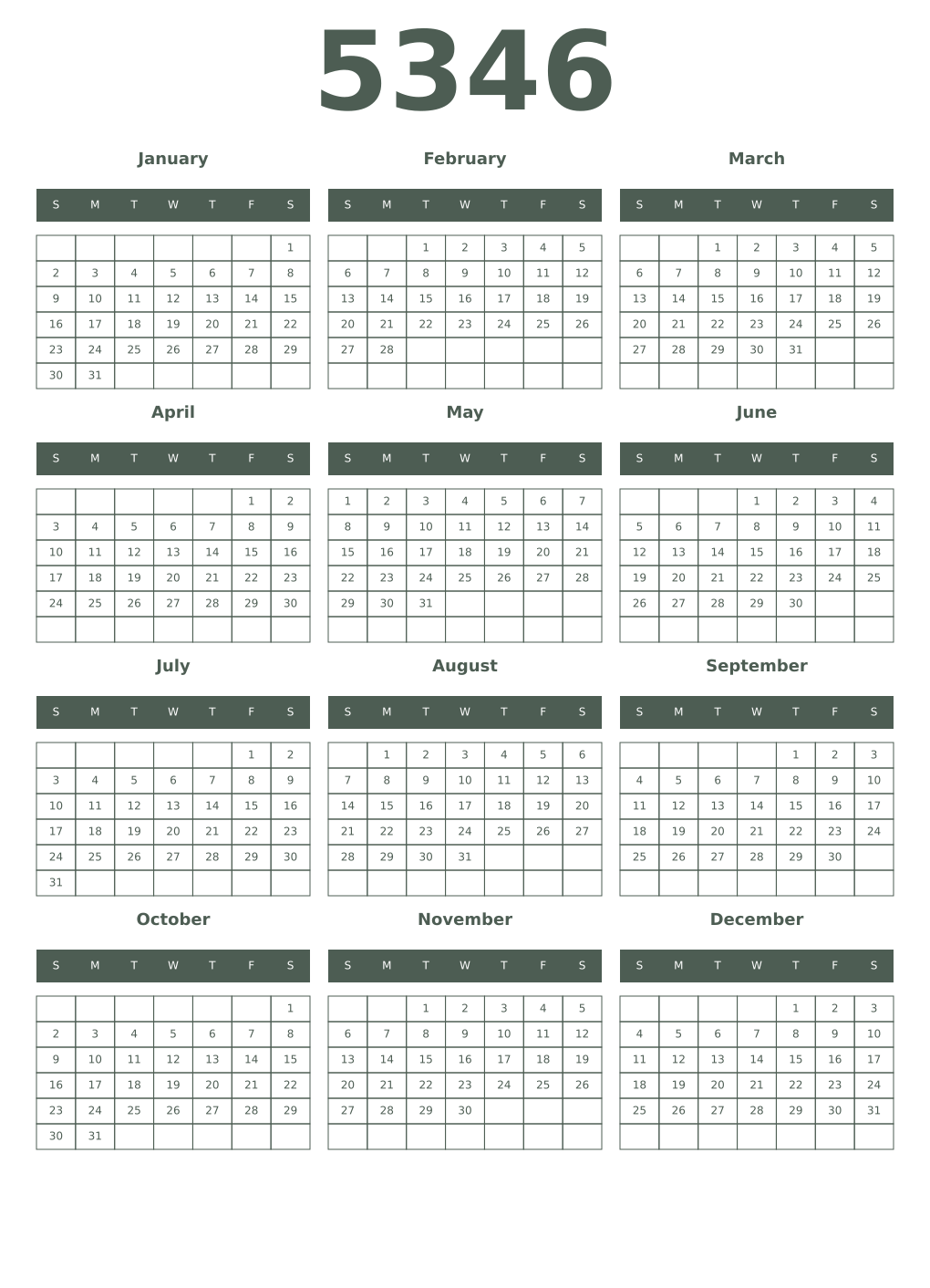 Printable 5346 Year Calendars feldgrau