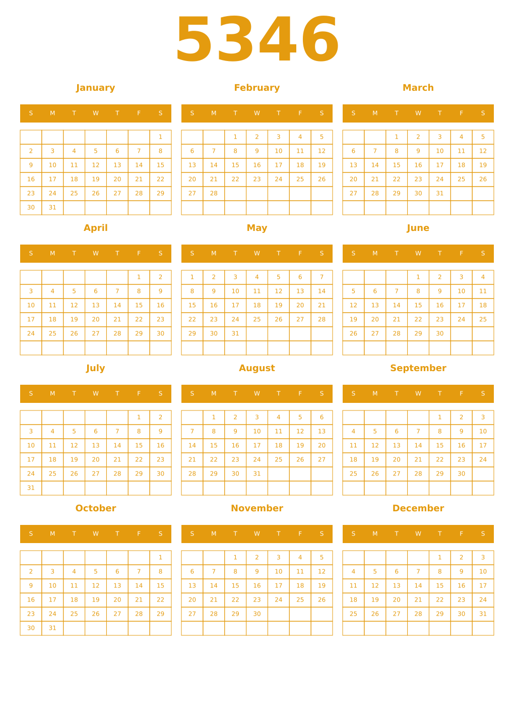 Printable 5346 Year Calendars gamboge