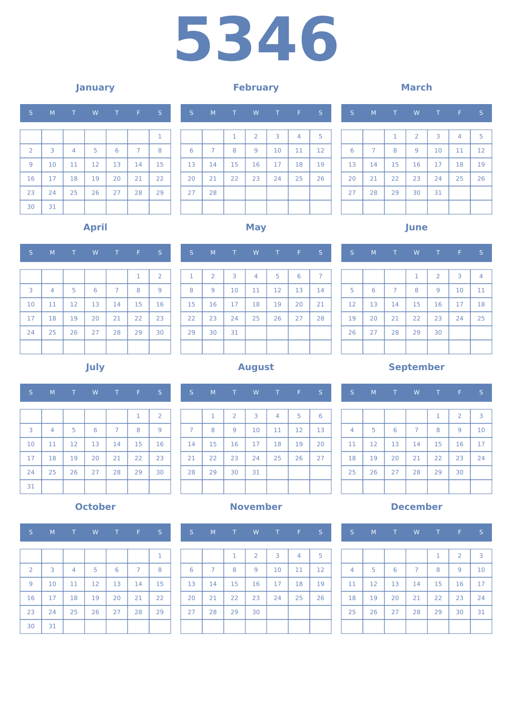 Printable 5346 Year Calendars glaucous