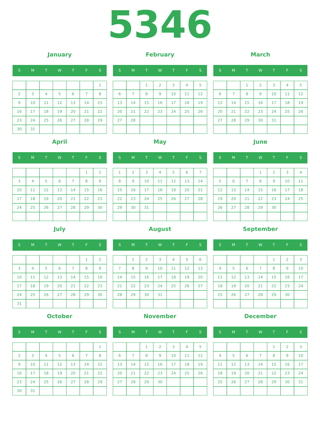 Printable 5346 Year Calendars green