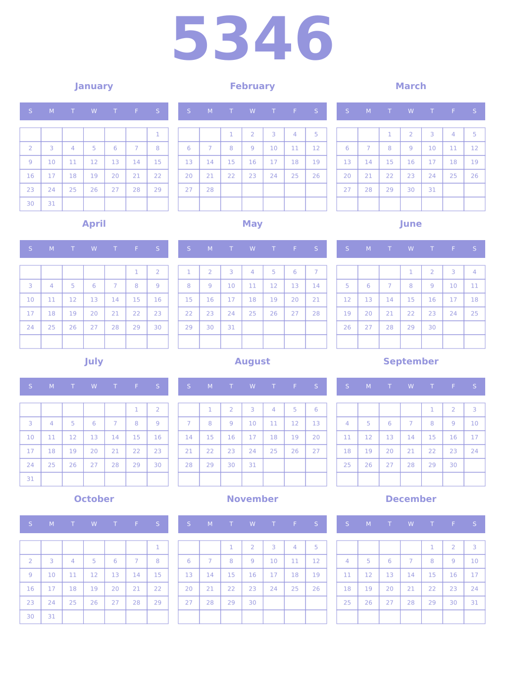 Printable 5346 Year Calendars periwinkle