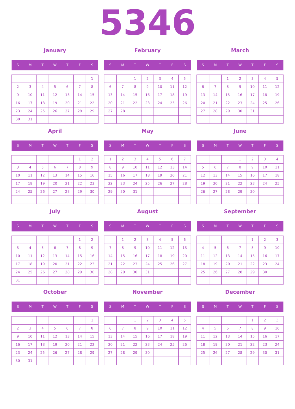 Printable 5346 Year Calendars purple