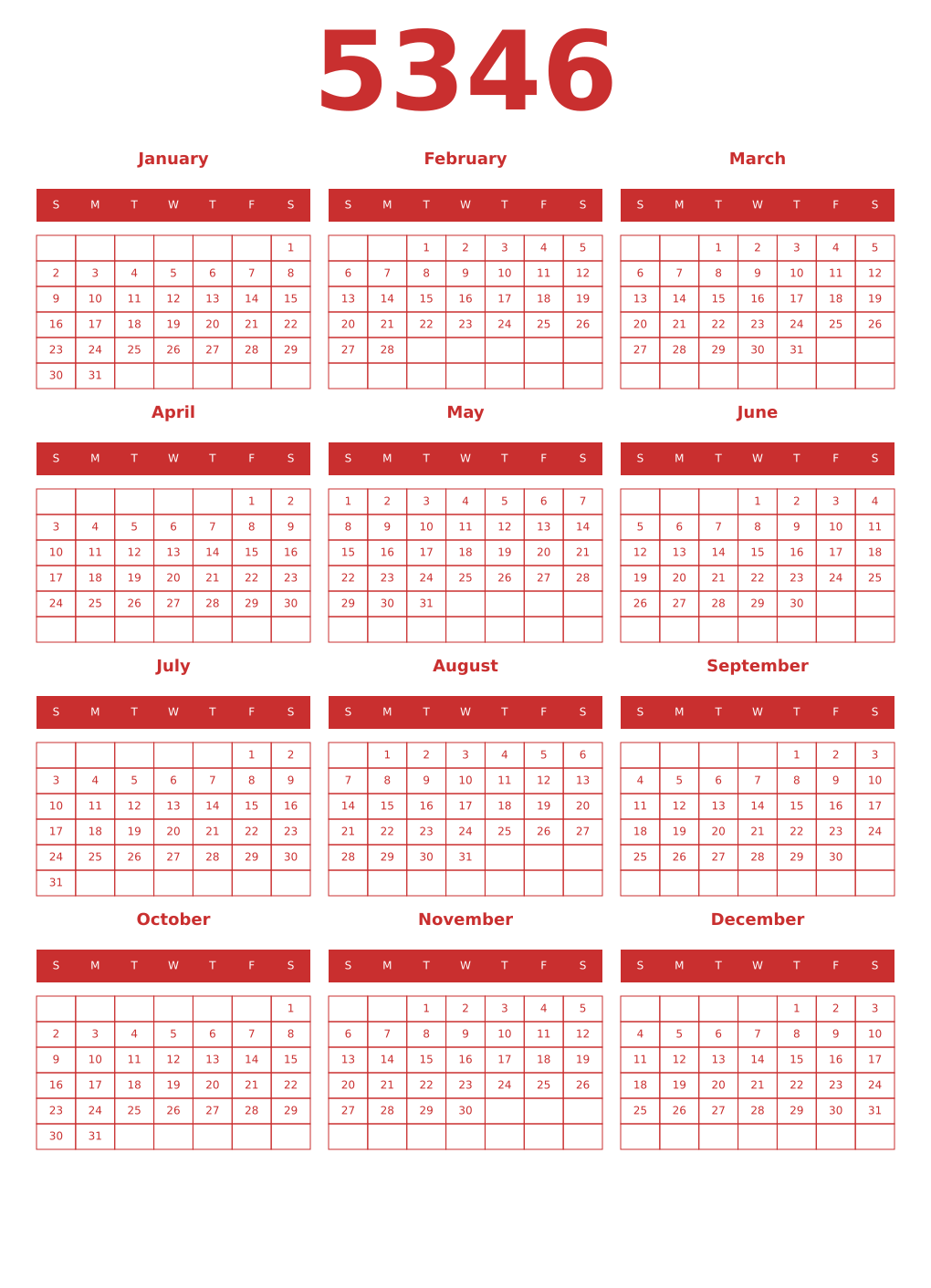 Printable 5346 Year Calendars red