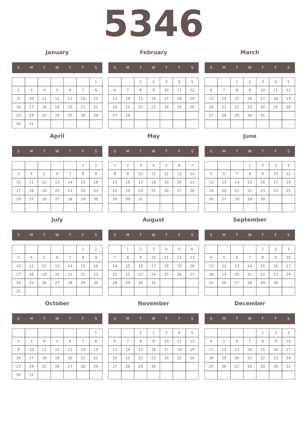 Printable 5346 Year Calendars wenge