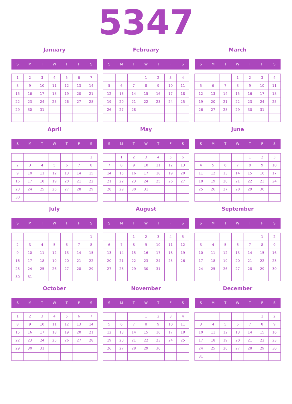 Printable 5347 Calendars