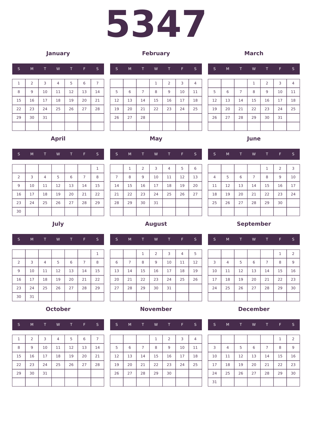 Printable 5347 Year Calendars aubergine