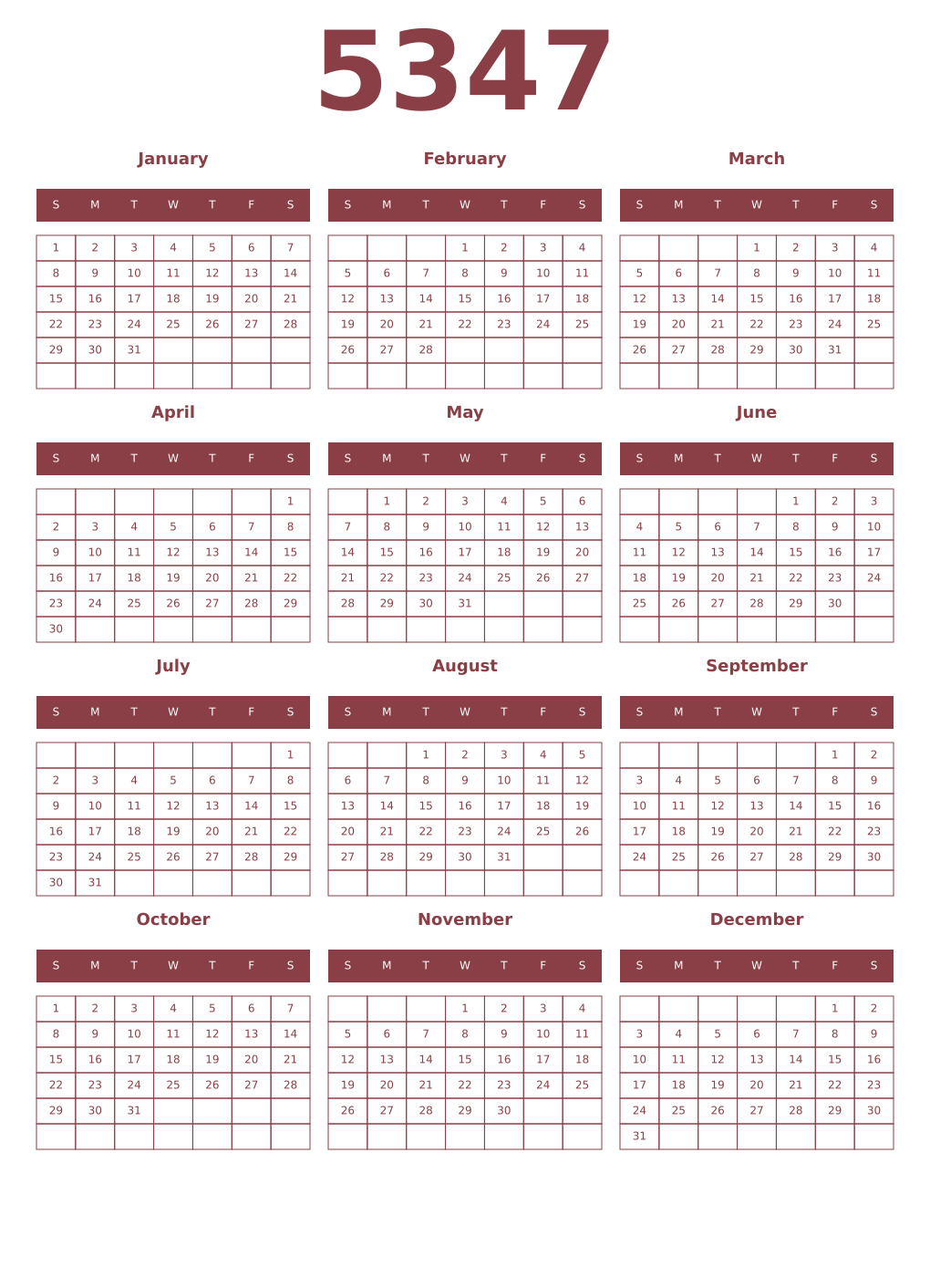 Printable 5347 Year Calendars cordovan