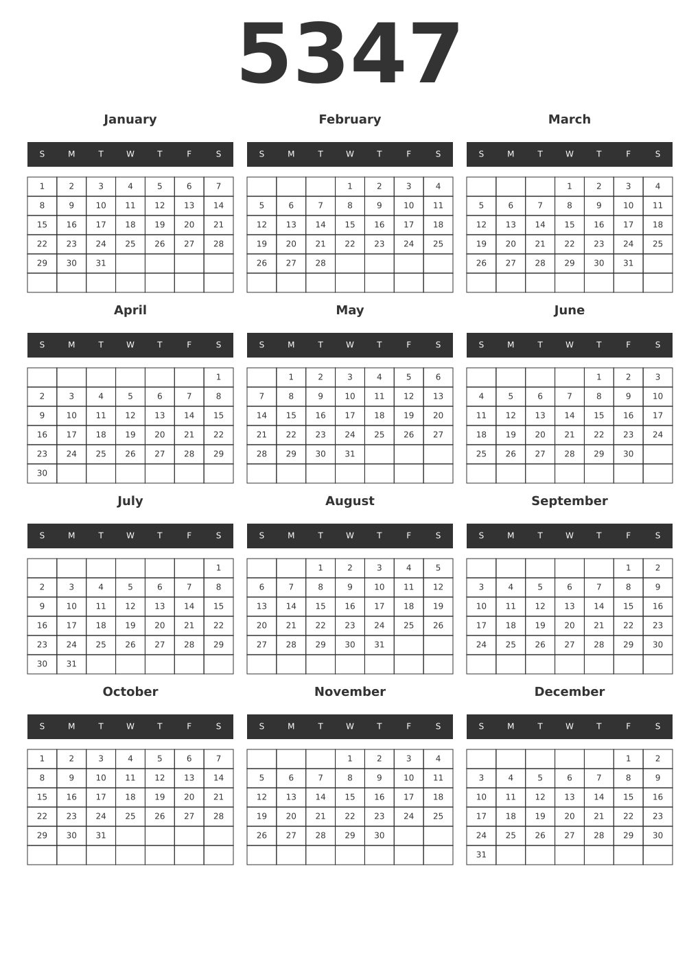 Printable 5347 Year Calendars dark