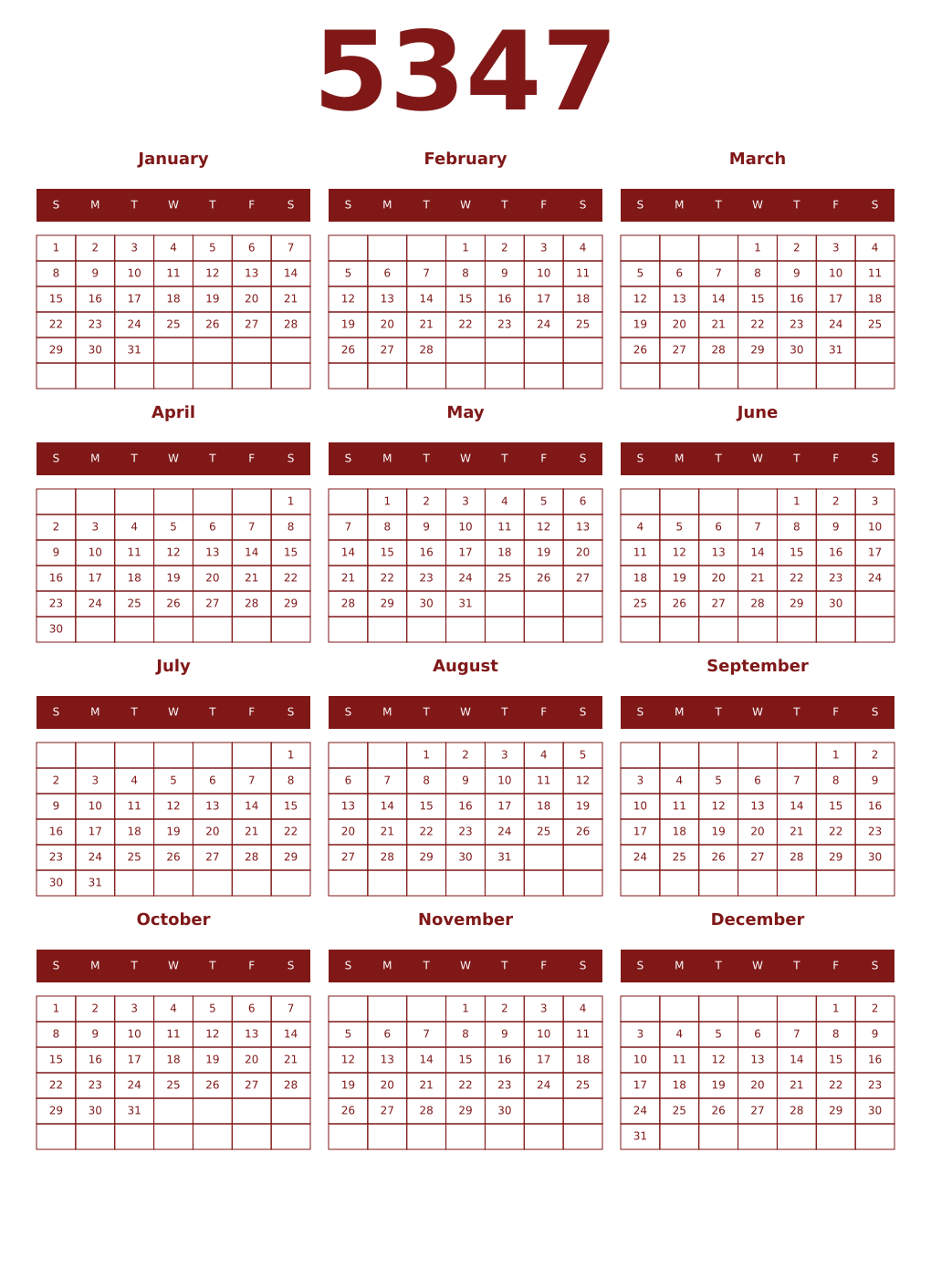 Printable 5347 Year Calendars falu