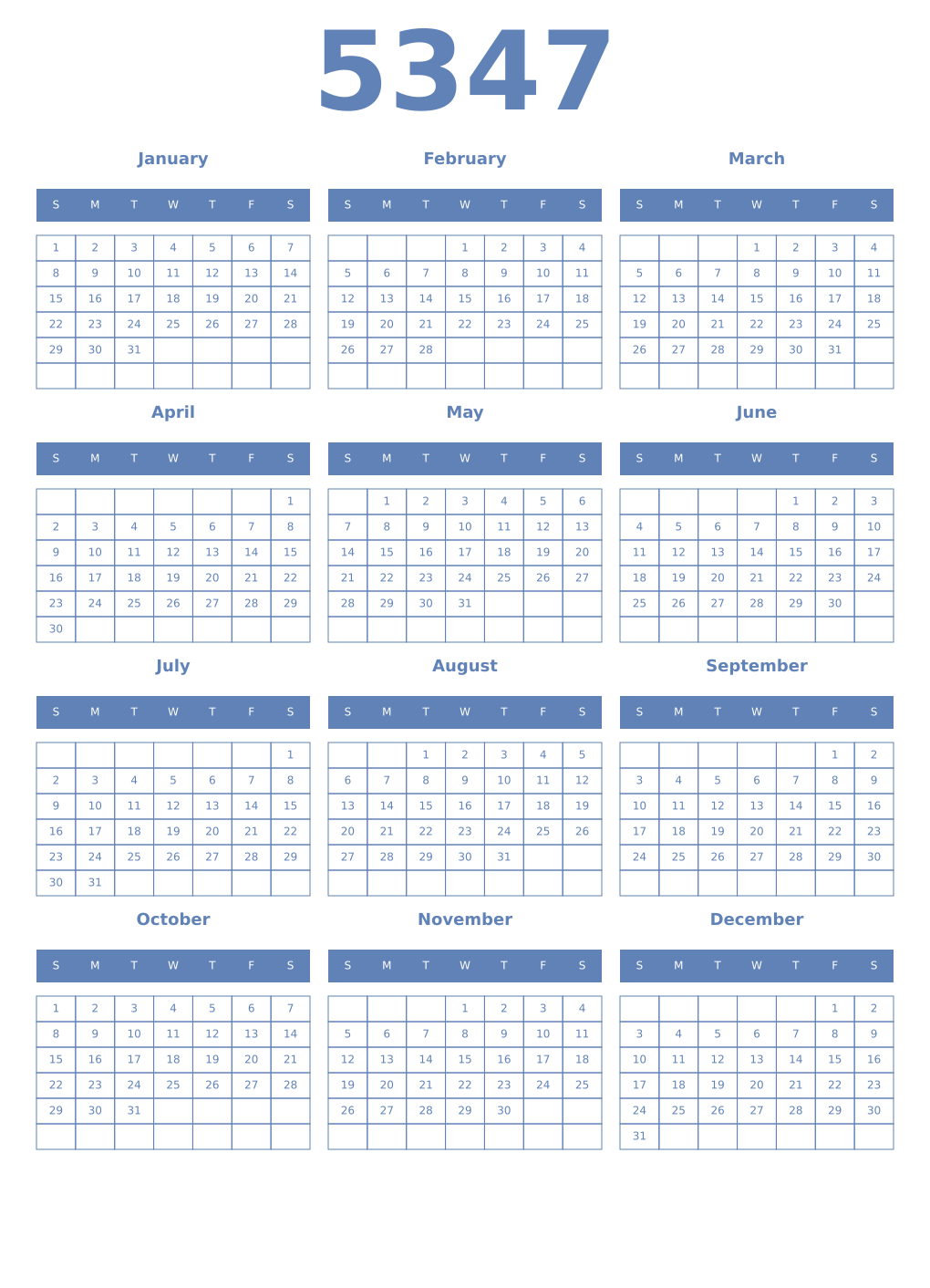 Printable 5347 Year Calendars glaucous