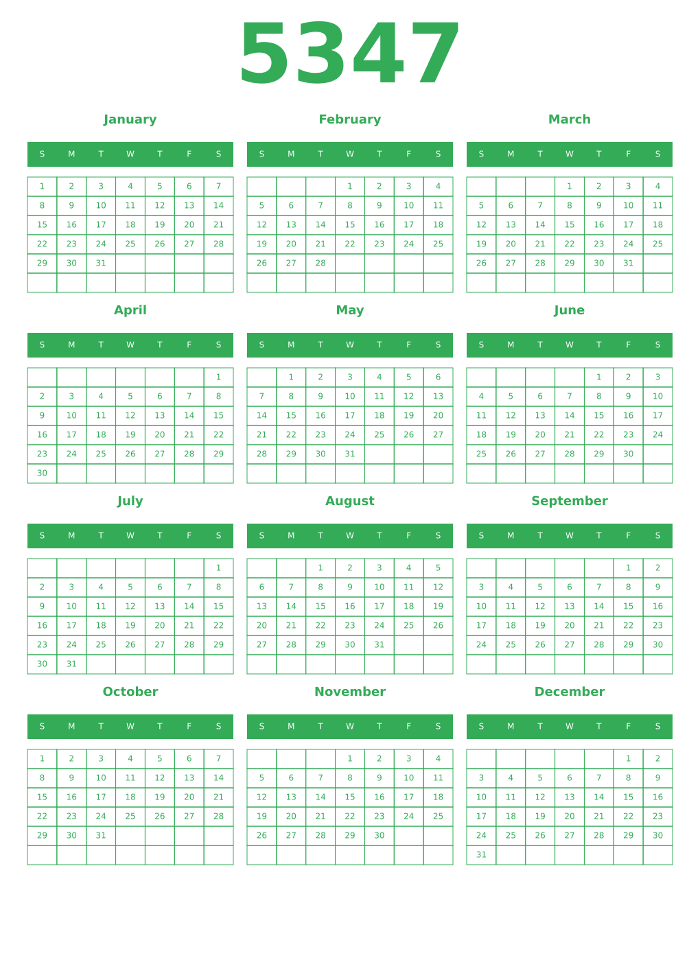 Printable 5347 Year Calendars green