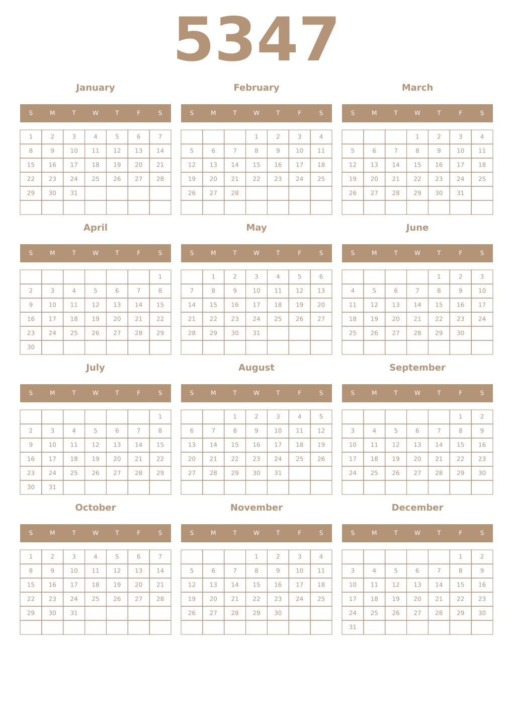 Printable 5347 Year Calendars isabelline