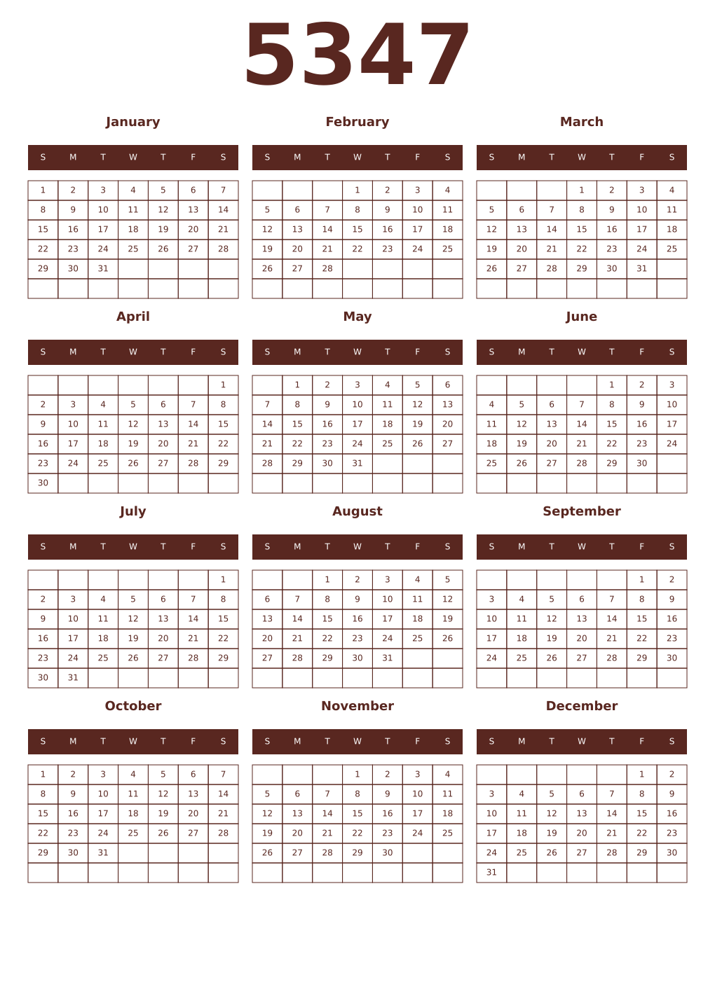 Printable 5347 Year Calendars mortuum