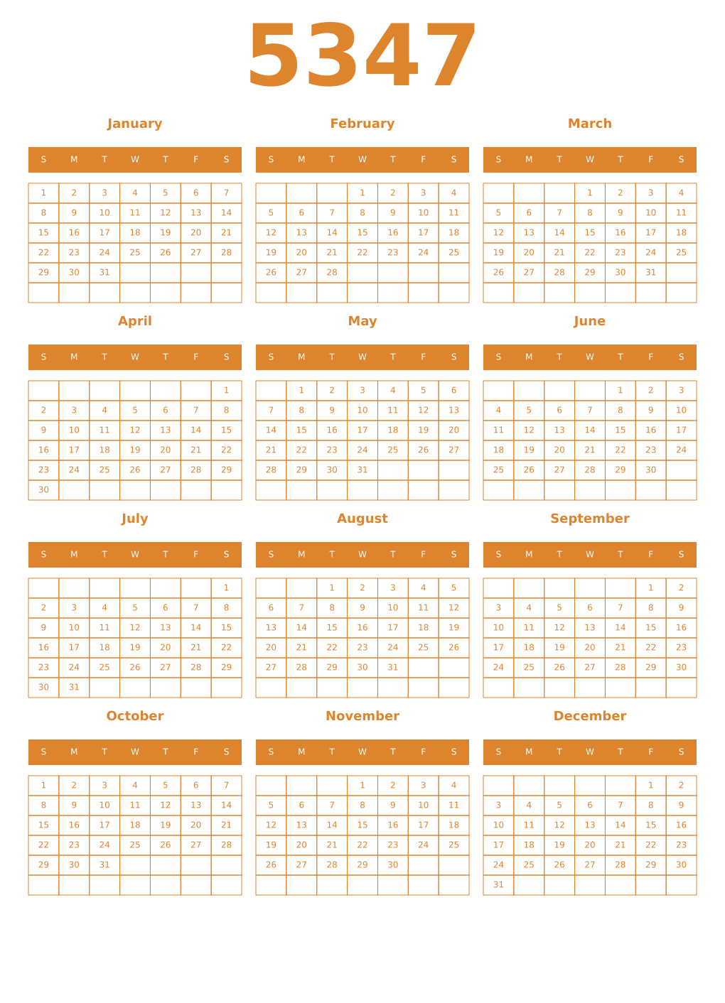 Printable 5347 Year Calendars orange