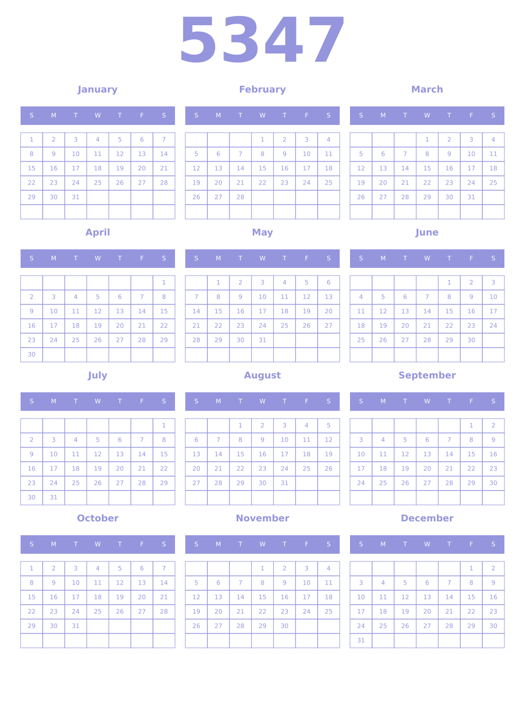 Printable 5347 Year Calendars periwinkle
