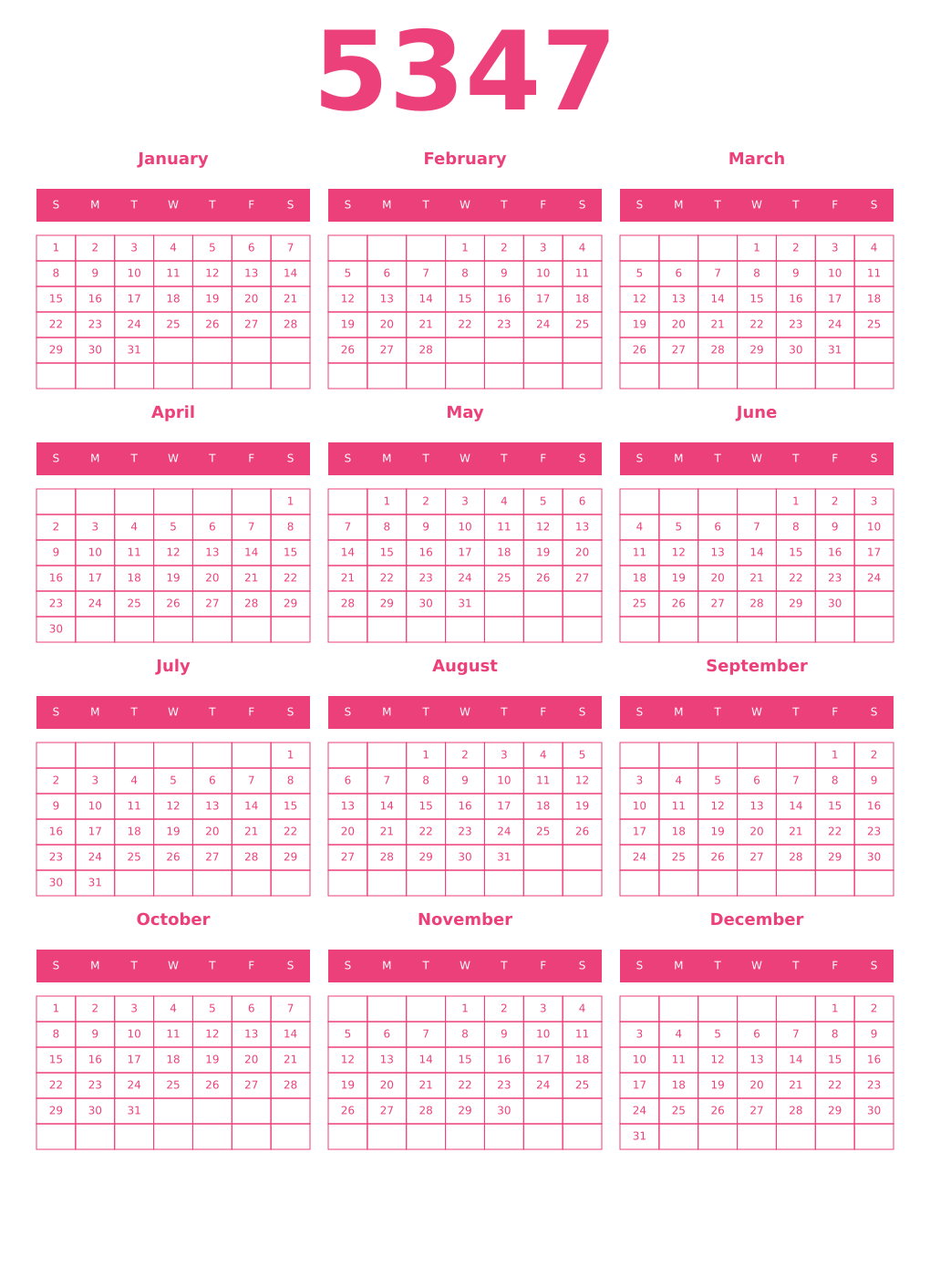 Printable 5347 Year Calendars pink