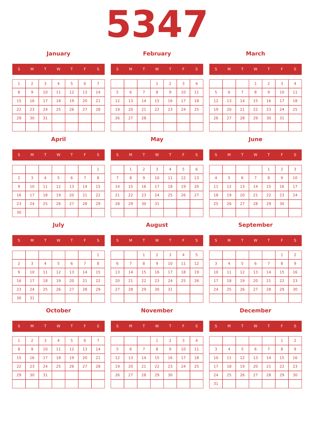 Printable 5347 Year Calendars red