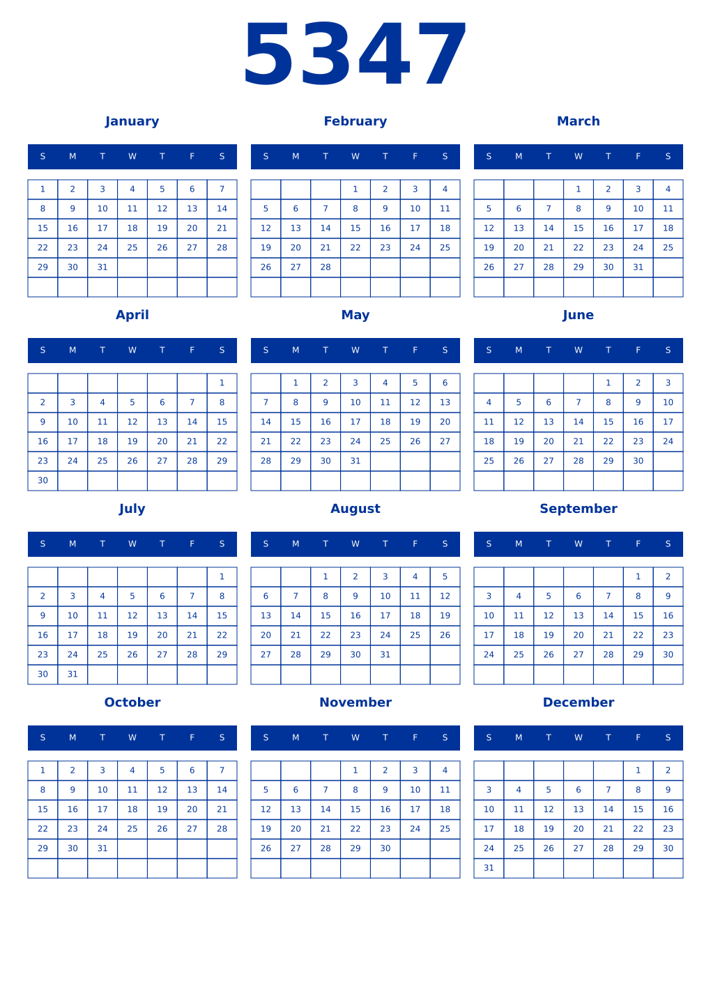 Printable 5347 Year Calendars smalt