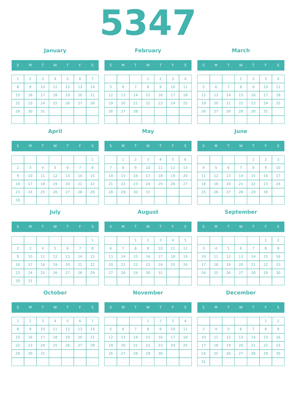 Printable 5347 Year Calendars verdigris