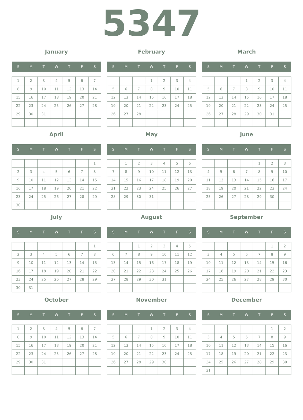 Printable 5347 Year Calendars xanadu