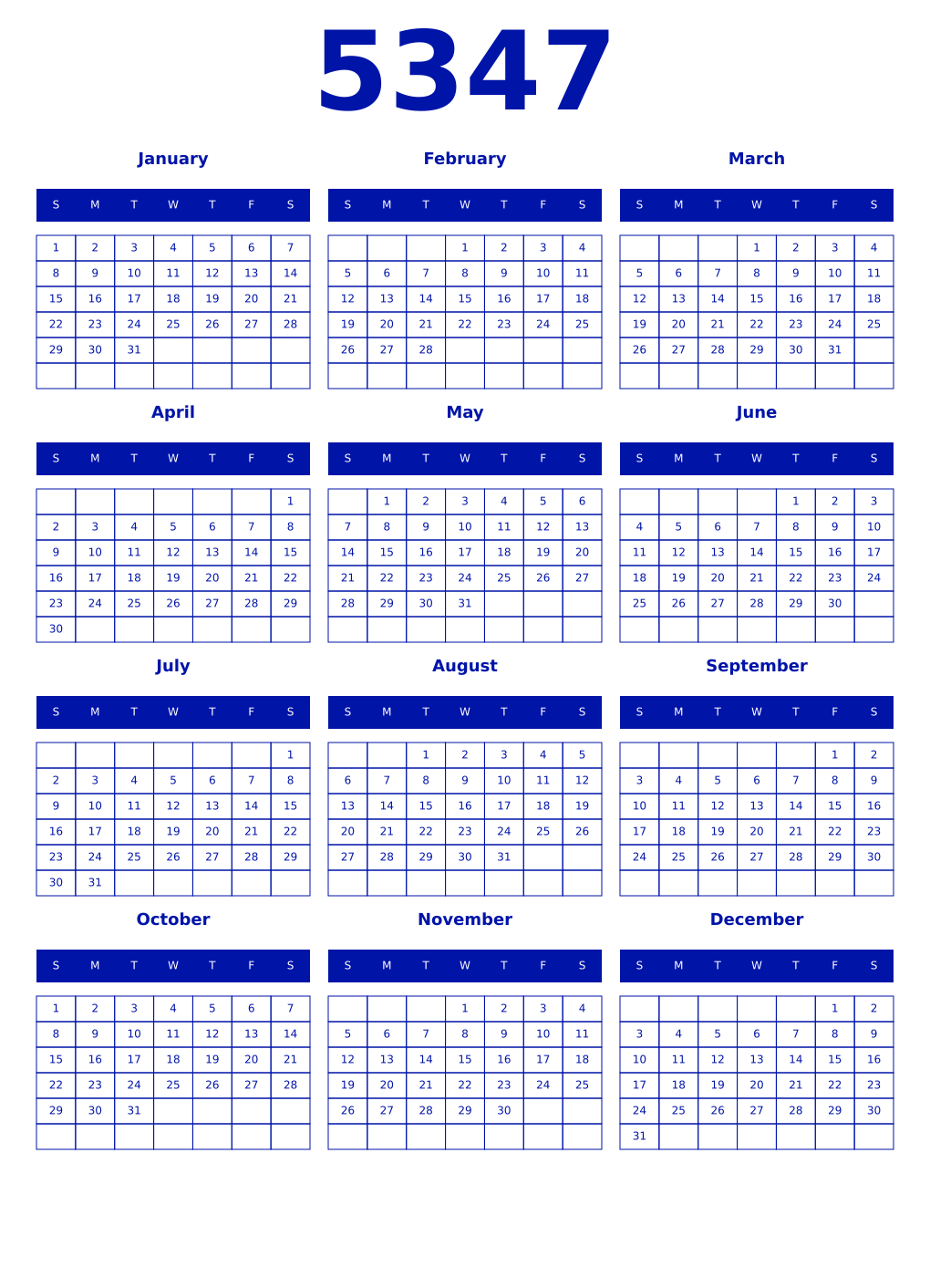 Printable 5347 Year Calendars zaffre