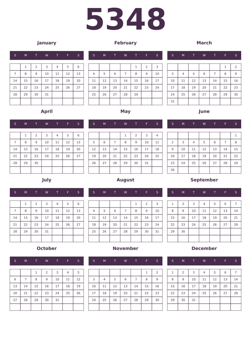 Printable 5348 Year Calendars aubergine