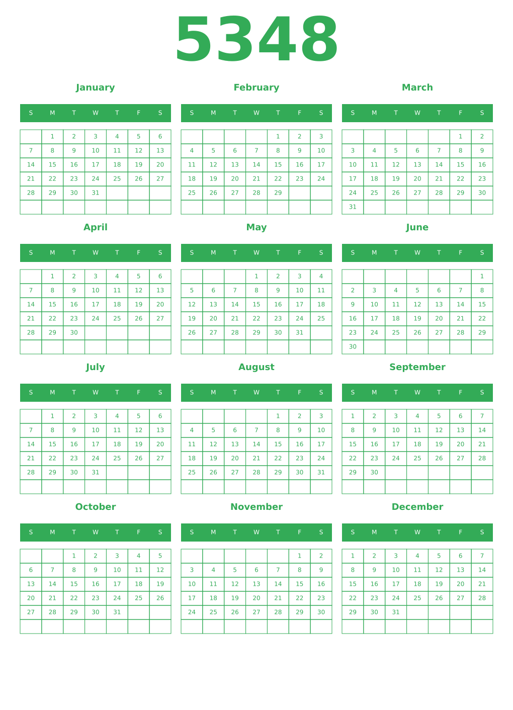 Printable 5348 Year Calendars green