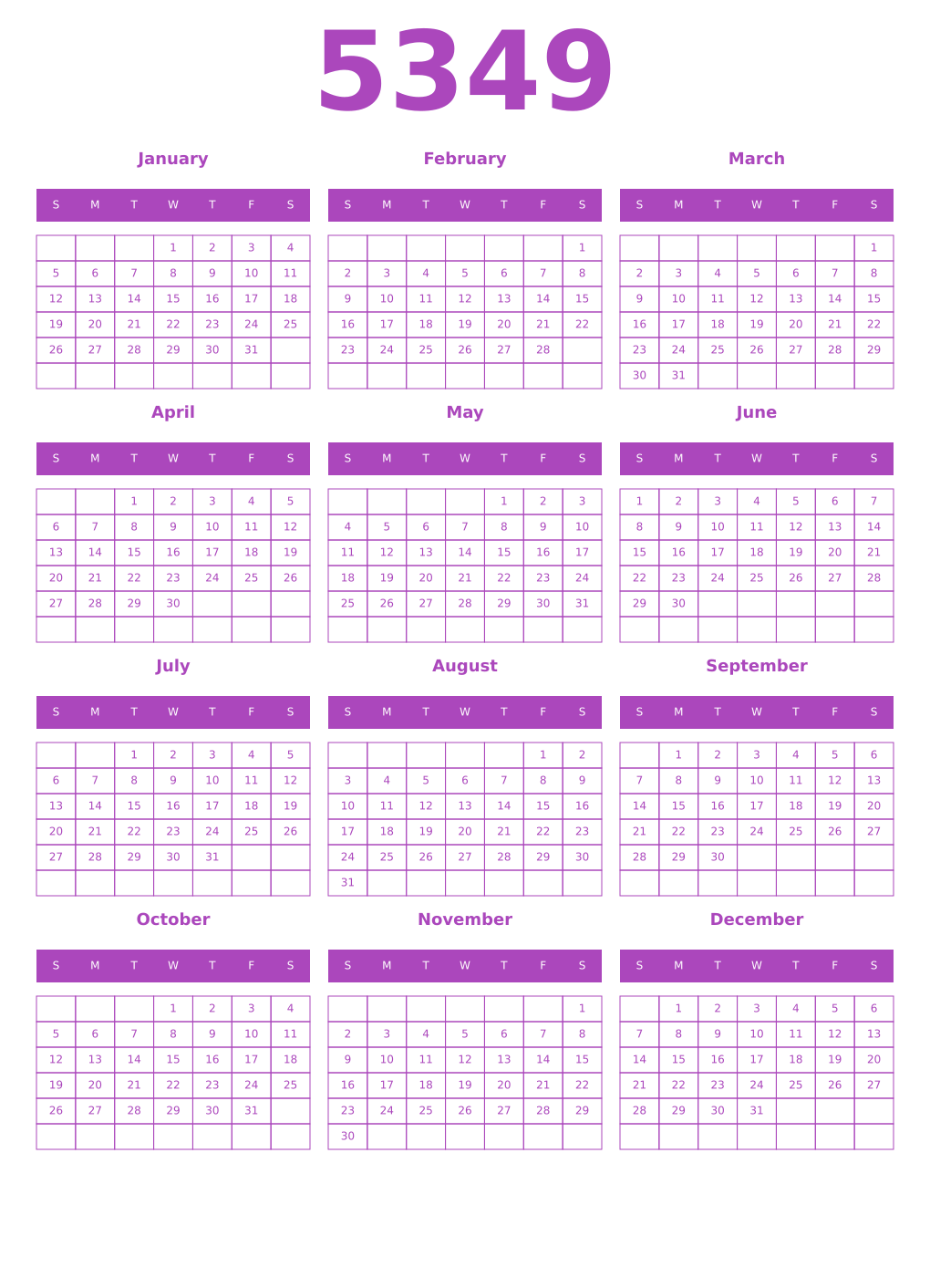 Printable 5349 Year Calendars purple