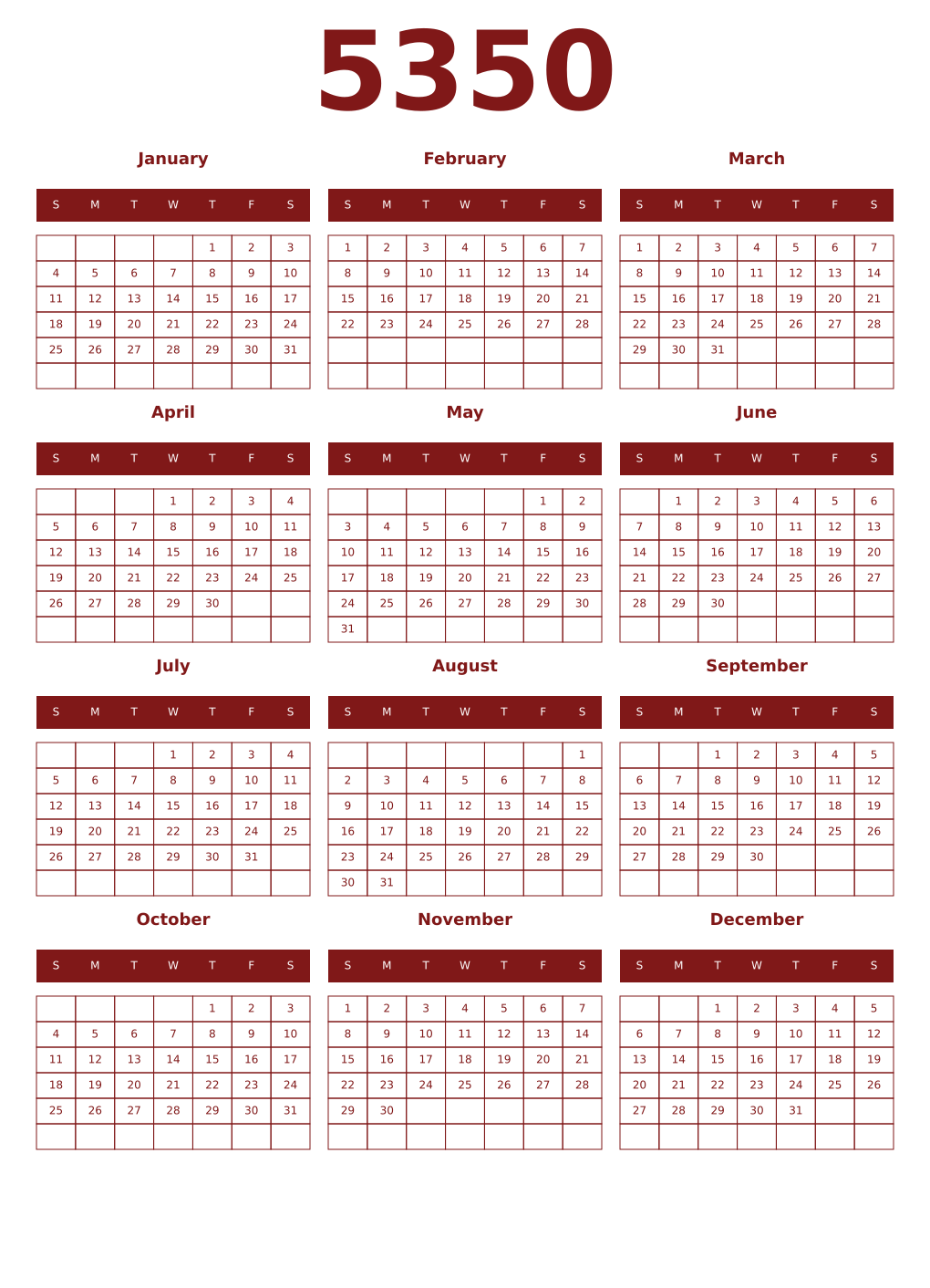 Printable 5350 Year Calendars falu