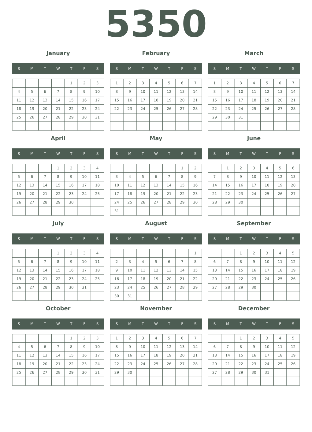 Printable 5350 Year Calendars feldgrau