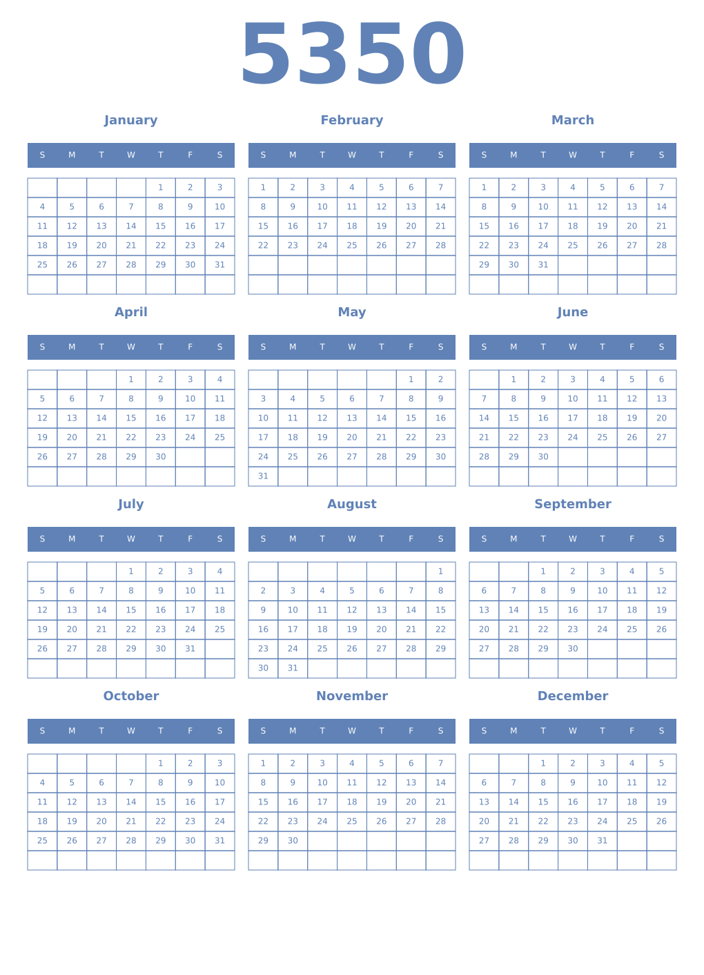 Printable 5350 Year Calendars glaucous