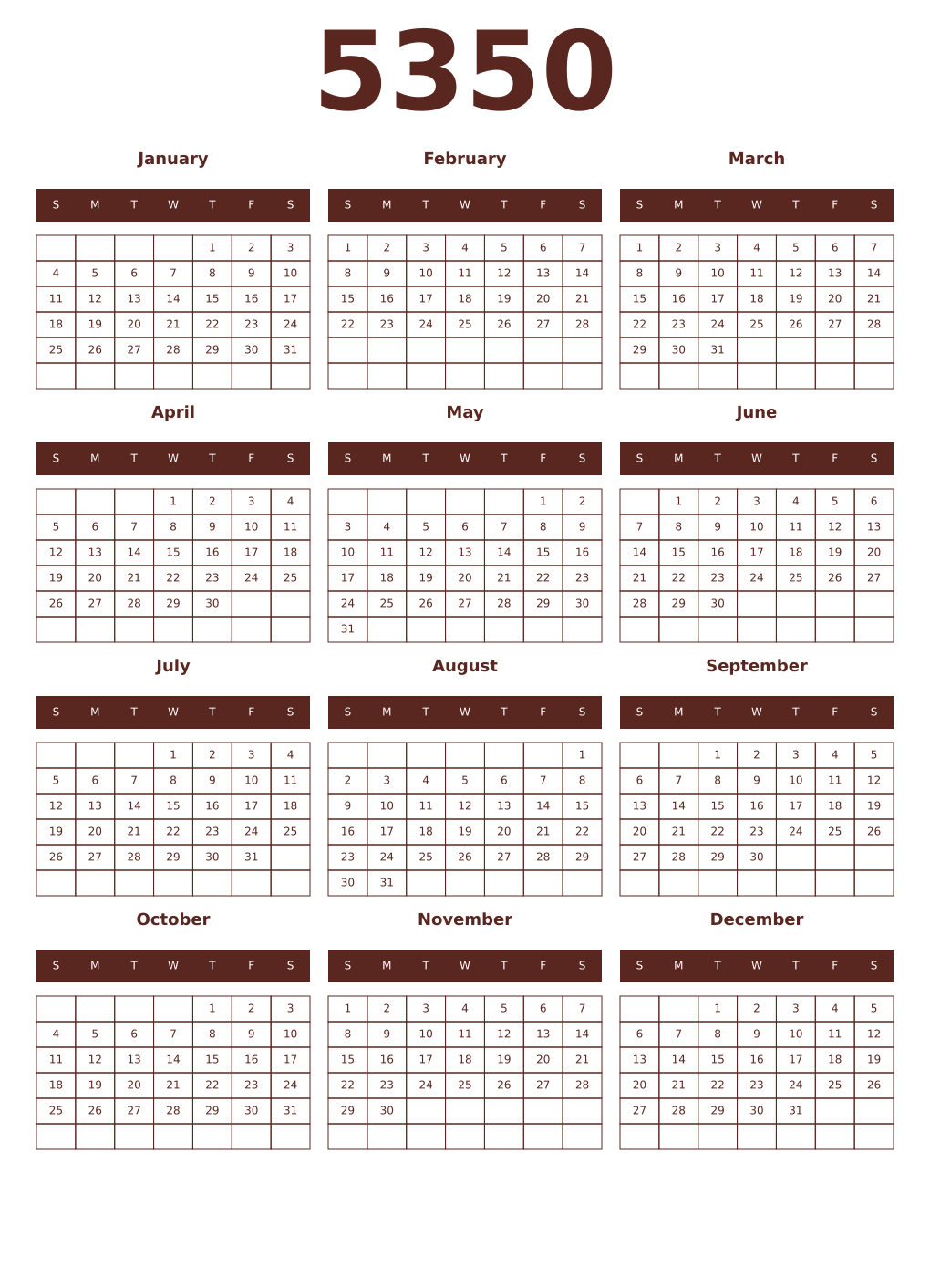 Printable 5350 Year Calendars mortuum