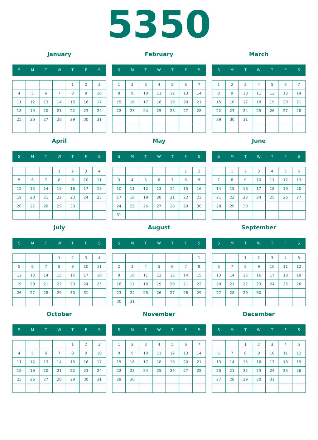 Printable 5350 Year Calendars pastel