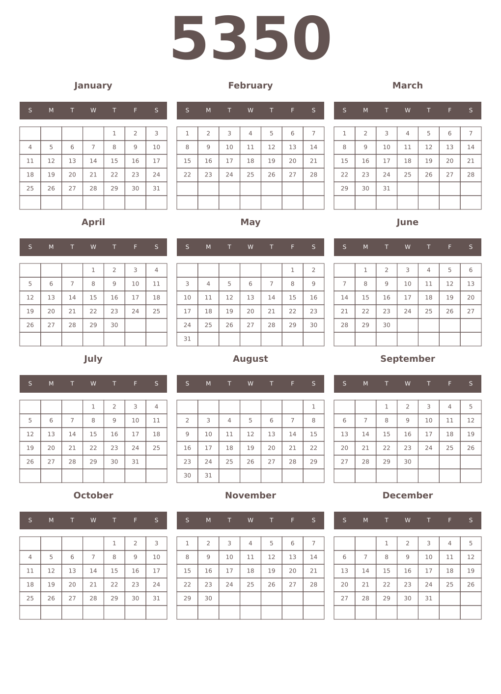 Printable 5350 Year Calendars wenge