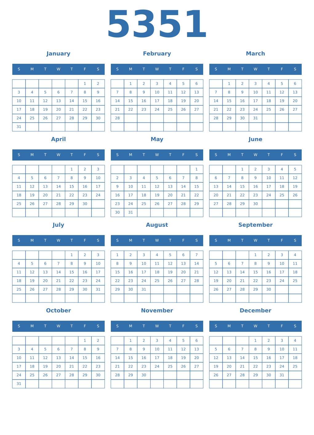 Printable 5351 Year Calendars blue