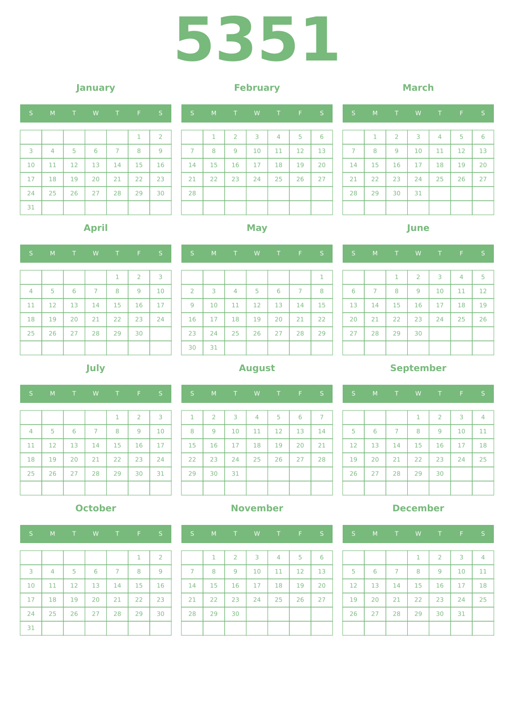 Printable 5351 Year Calendars celadon