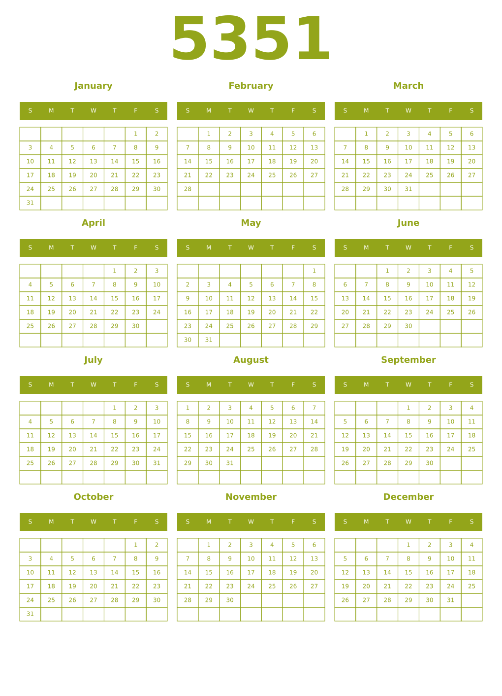 Printable 5351 Year Calendars chartreuse