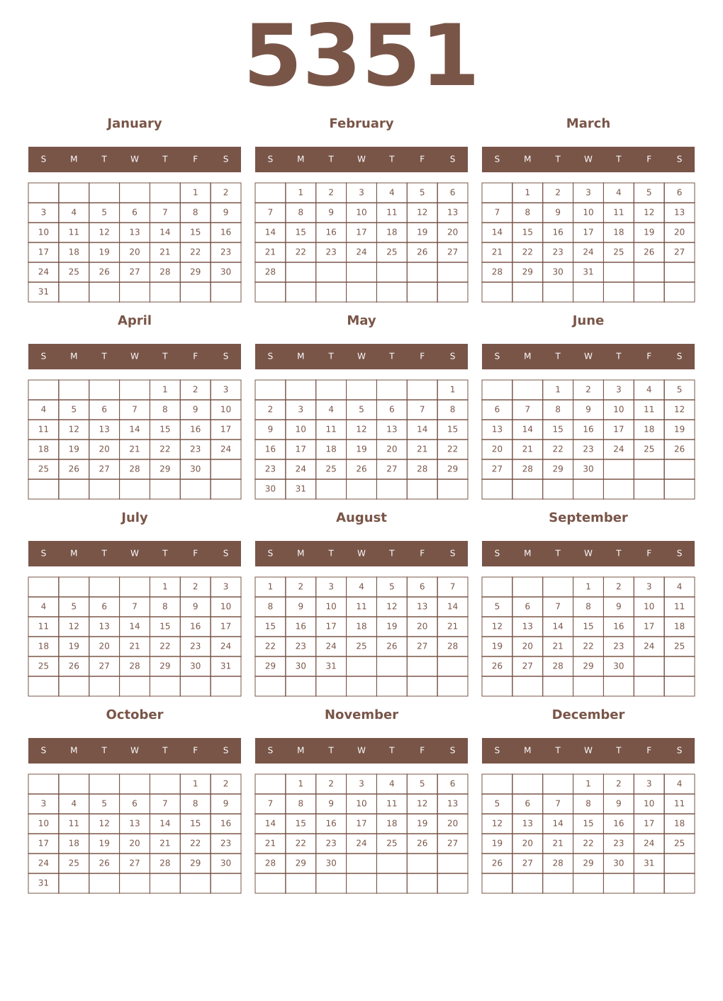 Printable 5351 Year Calendars coffe