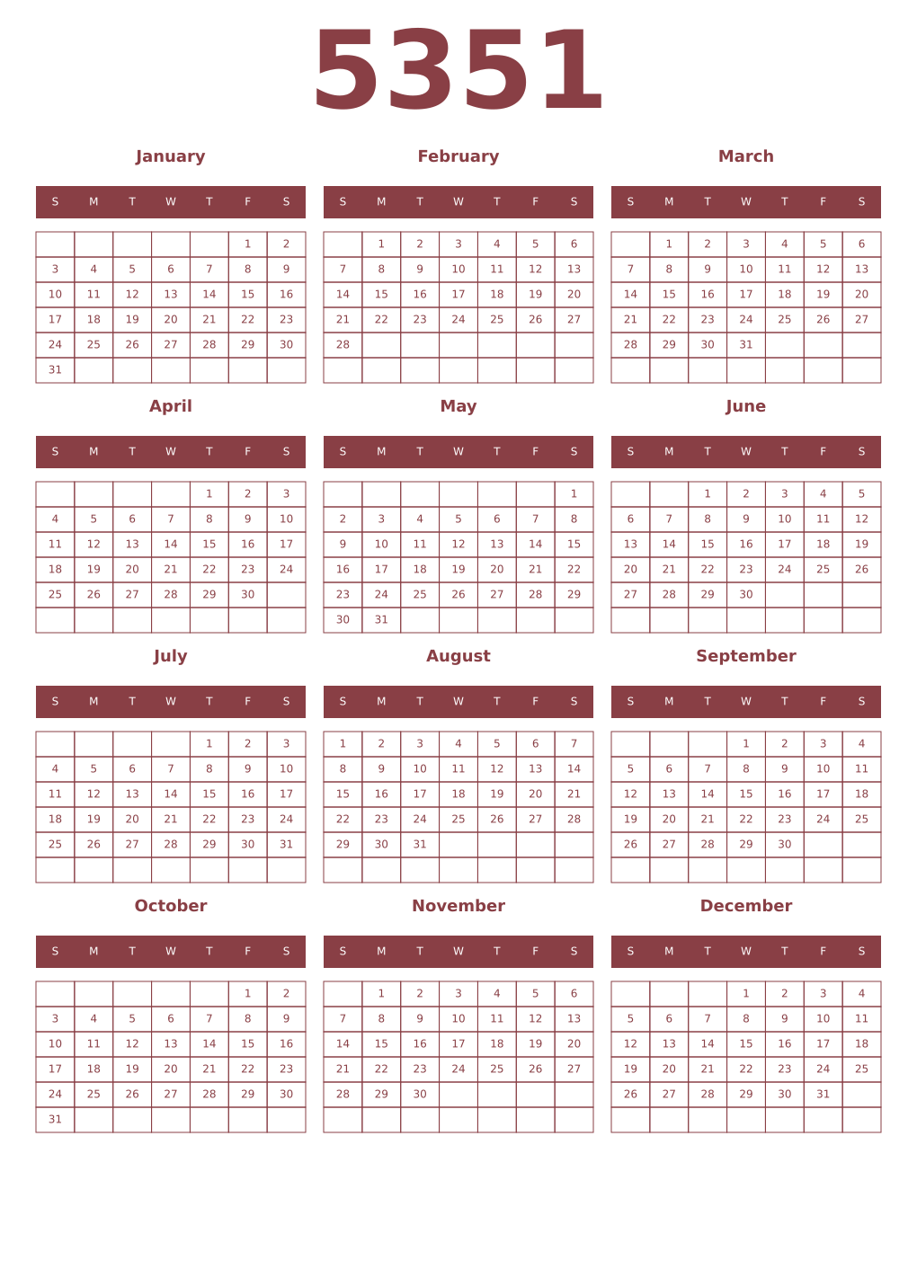 Printable 5351 Year Calendars cordovan