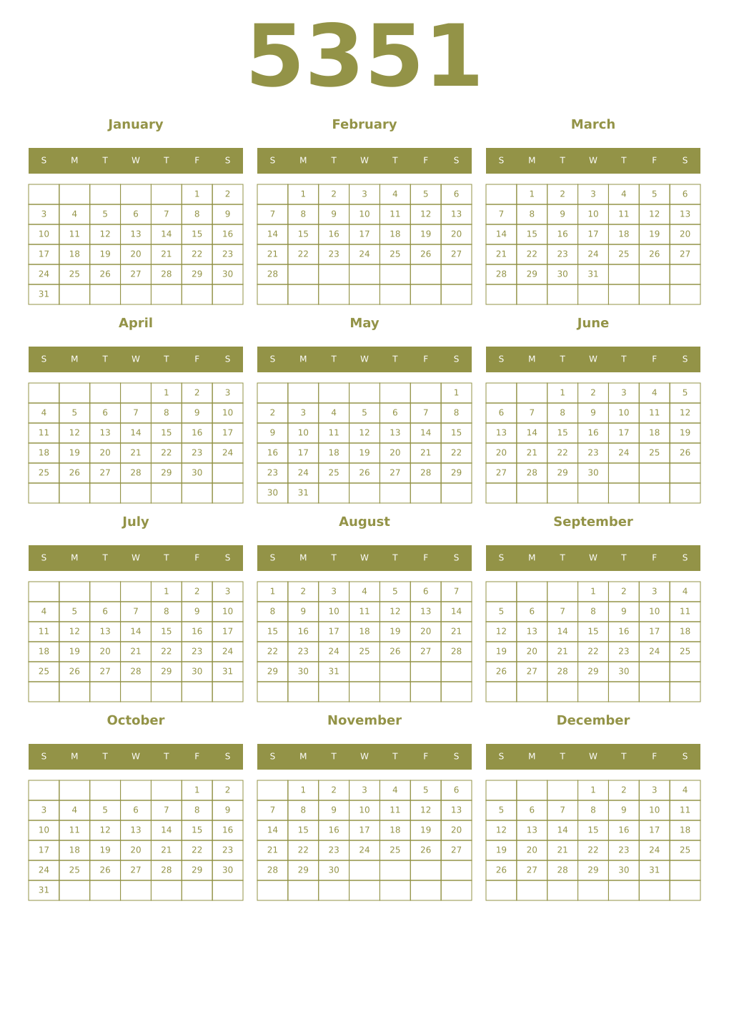 Printable 5351 Year Calendars eburnean