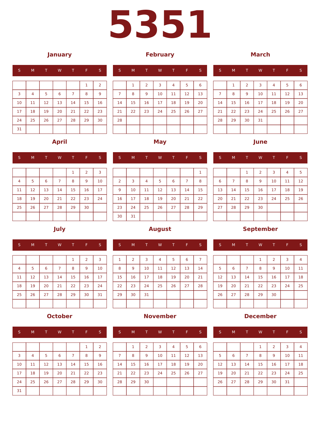 Printable 5351 Year Calendars falu