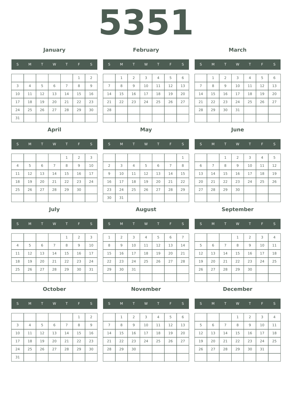Printable 5351 Year Calendars feldgrau