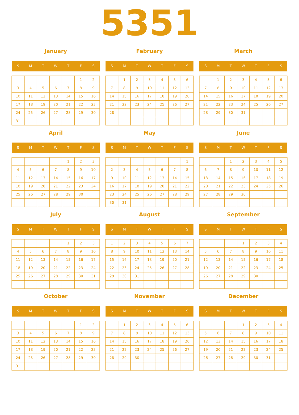 Printable 5351 Year Calendars gamboge