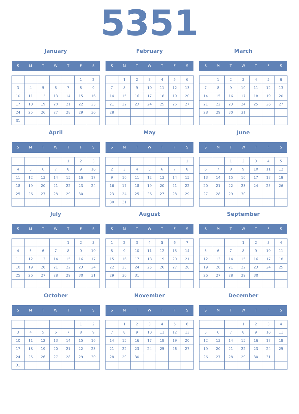 Printable 5351 Year Calendars glaucous