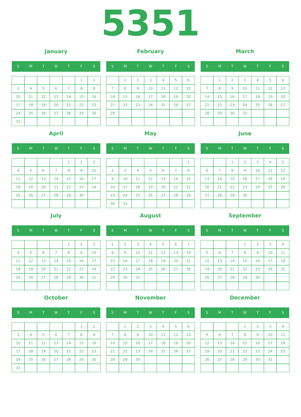 Printable 5351 Year Calendars green