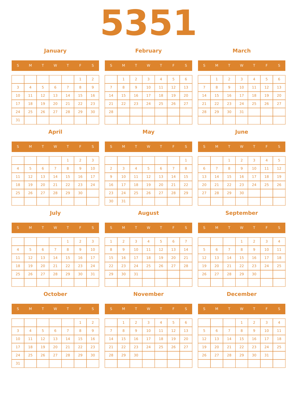 Printable 5351 Year Calendars orange