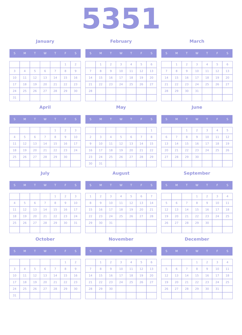 Printable 5351 Year Calendars periwinkle