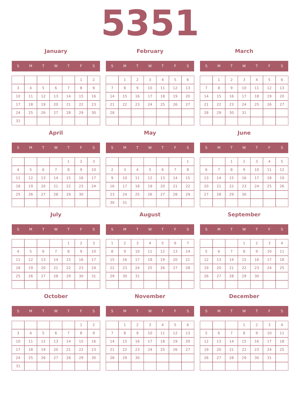 Printable 5351 Year Calendars puce