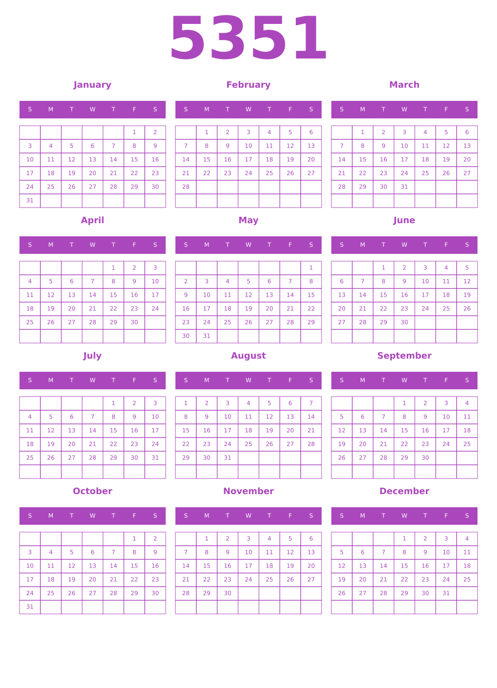 Printable 5351 Year Calendars purple